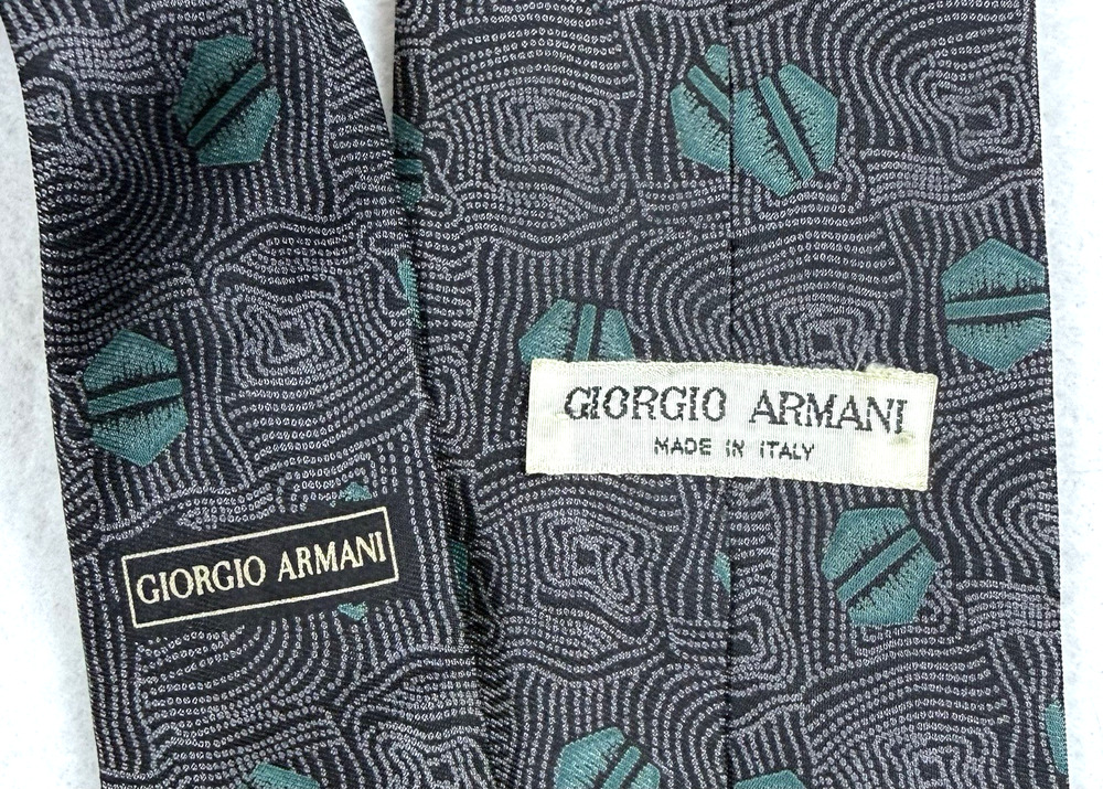 Vintage Giorgio Armani silk tie gray turquoise geometric Italy Designer